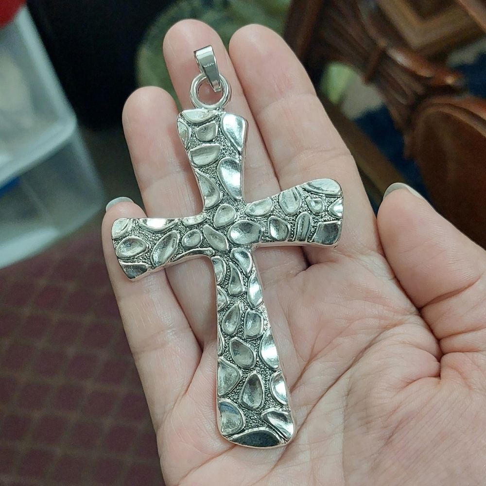 Textured Cross Necklace Pendant - Mens Womens Jewelry